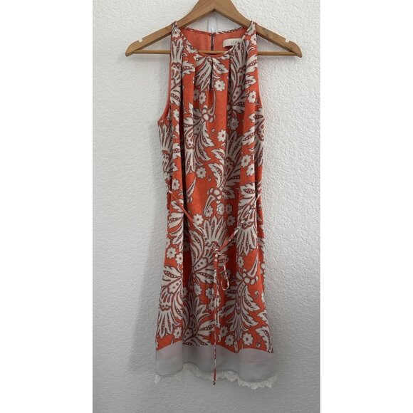 LOFT Womens Dress‎ 4 Orange Grey Floral Lace Trim High-Neck Flowy Spring Easter - Picture 1 of 14